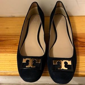Tory Burch Navy suede flats with gold logo